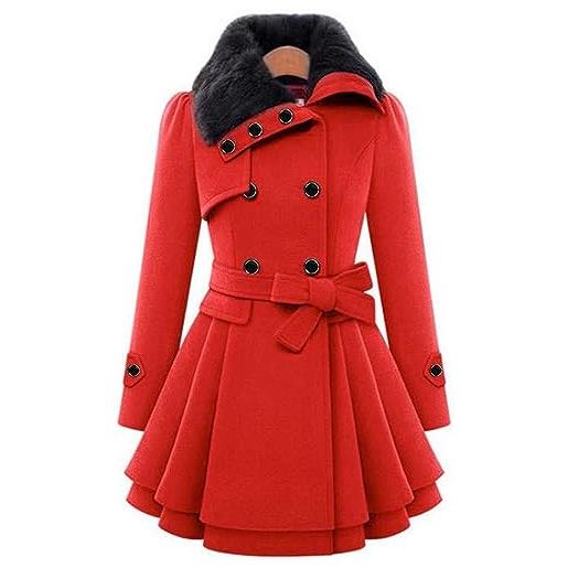 Yeooa cappotto donna manica lunga risvolto bottone vita cravatta softshell coat giacca di transizione leggero inverno caldo cappotto lungo inverno parka coat (rosso, m)