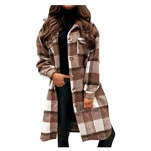 liaddkv cappotto da donna a quadri, lungo, da donna, a quadretti, lungo, in lino, a maniche lunghe, sottile, per autunno e primavera, con bottoni, caffè, m