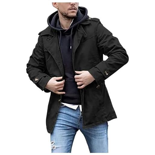 MaNMaNing giacca invernale da uomo trench da uomo trench lungo con risvolto tinta unita casual (black, xxxxxl)