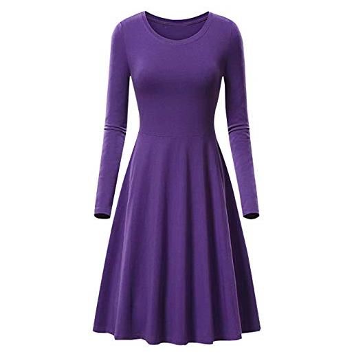 EFOFEI - vestito da donna con scollo rotondo, a maniche lunghe, linea midi a viola. Xxl