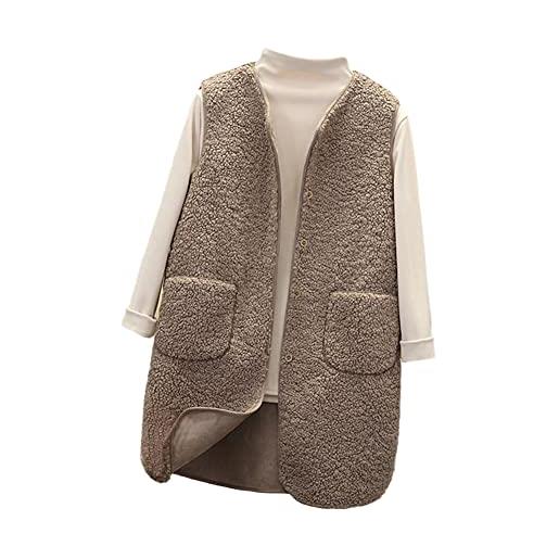 YAOTT gilet lungo donna in pile smanicato caldo inverno giacca con fodera termica tasca bottoni casual tinta unita senza maniche cappotti capispalla outwear caffè m