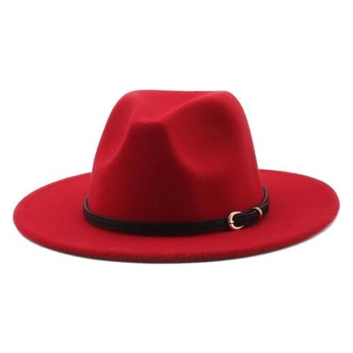 HEYANN cappello classico fedora a tesa larga con fibbia per cintura in feltro unisex cappello da trilby da uomo panama cappello jazz cappello per donna uomo, colore: rosso, m