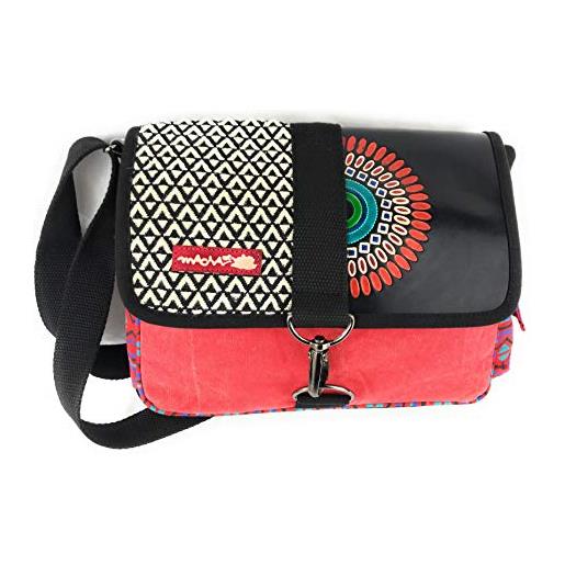 Macha borsa inserti in cotone e in pelle con stampe colorate, borse a tracolla borsa in cotone e pelle per le donne etnico indiano (rosso 01)
