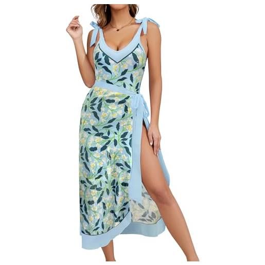 SHEKINI regolabile costume da bagno donna con pareo costume intero donna con gonna da spiaggia collo a v monokini da donna con chiffon sarong(m, azzurro)