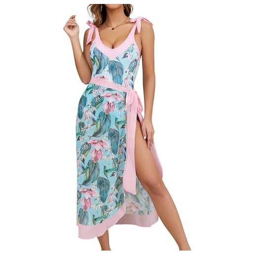 SHEKINI regolabile costume da bagno donna con pareo costume intero donna con gonna da spiaggia collo a v monokini da donna con chiffon sarong(s, rosa chiaro)