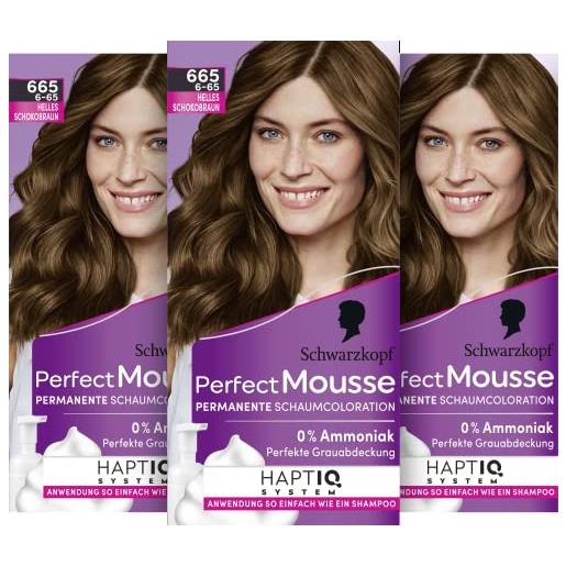 Perfect Mousse schwarzkopf Perfect Mousse colorazione permanente in schiuma 665/6-65 marrone cioccolato chiaro (93 ml), colore per capelli con perfetta copertura del grigio, colorazione per una cura intensa e una