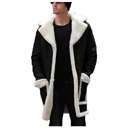 CRITOR uomo pelliccia sintetica lunga shearling giacca di pelle di pecora collare di pelliccia fodera in pile inverno outwear faux suede jacket, m