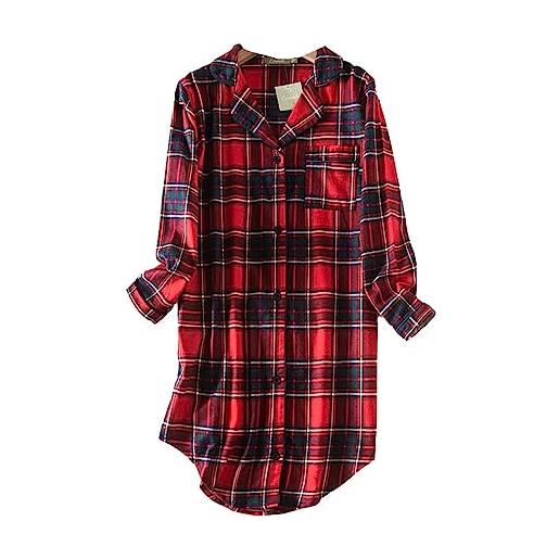 DSKK camicia da notte donna cotone manica lunga quadri con bottoni, camicia notte per donna manica lunga camicia a quadri (rosso, xxl)