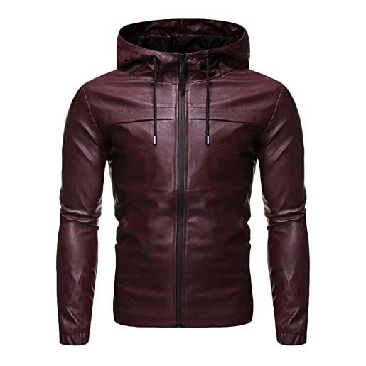 yiouyisheng giacca in pelle da uomo con cappuccio, slim fit, giacca da motociclista in pelle, giacca da motociclista, giacca in similpelle, giacca con cappuccio, giacca da mezza stagione, colore nero, 