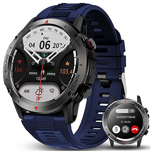Bengux smartwatch uomo chiamate e whatsapp, 1,39'' hd tracker fitness ip68 con 100+ modalità sport, contapassi, cardiofrequenzimetro da polso, orologio fitness per android ios blu