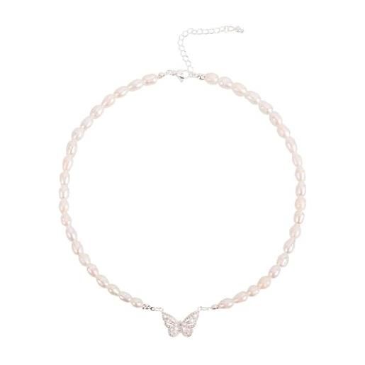 Ouran collana di perle d'acqua dolce con perle autentiche da 6 mm - ciondolo di perle a forma di farfalla, fatto a mano