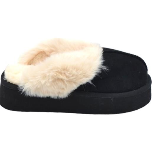 Malu Shoes ciabatta pantofola donna platform nero con interno di pelliccia bianco senza chiusura comoda fondo alto 4,5 cm