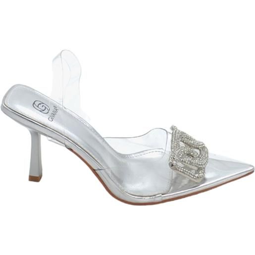 Malu Shoes scarpe decollete punta slingback donna argento trasparente con accessorio strass argento tacco 10cm cinturino tallone