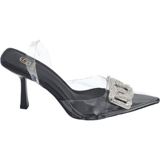 Malu Shoes scarpe decollete punta slingback donna nero trasparente con accessorio strass argento tacco 10cm cinturino tallone