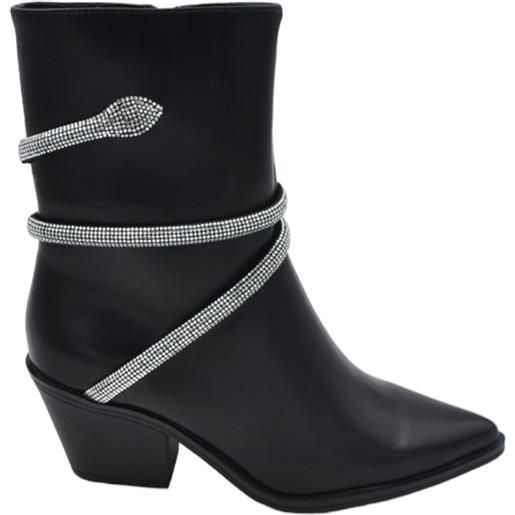 Malu Shoes stivaletti tronchetti donna a punta nero con tacco western 4 cm cordoncino di strass avvolgente alla caviglia moda