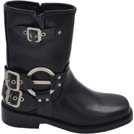 Malu Shoes stivaletto donna nero biker punta quadrata tacchetto 2 cm al polpaccio con fibbie e accessori argento zip moda