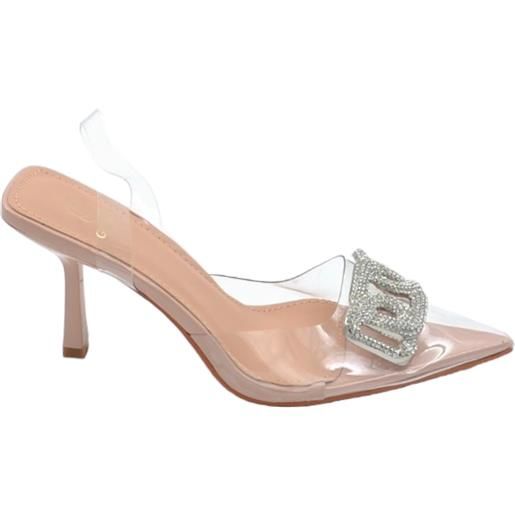 Malu Shoes scarpe decollete punta slingback donna nude beige trasparente con accessorio strass argento tacco 10cm cinturino tallone