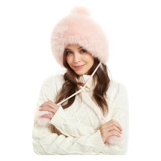 fur story berretto invernale da donna in pelliccia sintetica con pom fuzzy pom lavorato a maglia, simpatico cappello da neve, antivento, rosa chiaro, m