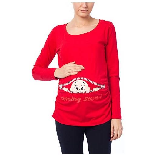 M.M.C. coming soon - simpatica graziosa t-shirt premaman manica lunga per la gravidanza (rosso, small)