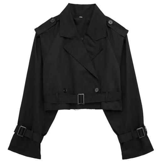 Yeooa trench donna casual manica lunga corto 2023 risvolto classico trench tendenza slim con cintura primavera e autunno giacca moda leggera (nero, m)
