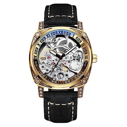 RORIOS orologio meccanico da uomo tourbillon scheletrato orologio da polso impermeabile automatio orologio vintage quadrato con cinturino in pelle luminosi oro nero