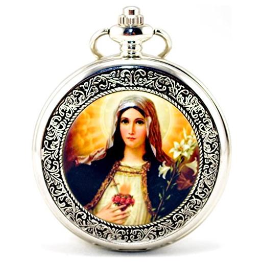 Infinite U retro cattolica beata vergine maria argento hollow scheletro meccanico orologio da tasca