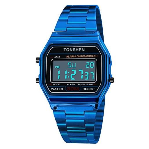 TONSHEN fashion unisex sportivo orologi da polso led elettronico acciaio inossidabile digitale orologio uomo e donna allarme cronometro stile casual (blu)