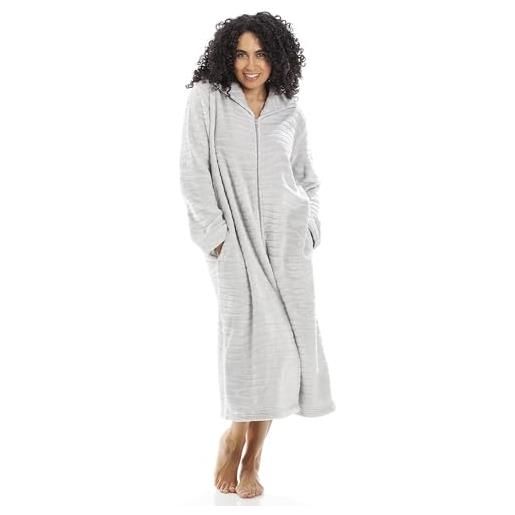 Camille women's super soft fleece housecoat - accappatoio di lusso con zip - maniche lunghe e tasche laterali 42-44 grey zebra