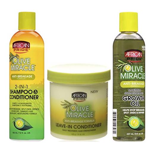 African Pride olive miracle - set di tre: shampoo e balsamo 2 in 1, balsamo senza risciacquo, olio per la crescita