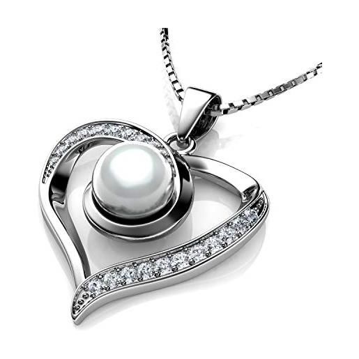 DEPHINI - vera perla collana di perle ciondolo con cubic zircoina, in argento 925 a forma di cuore collana per donna con rara placcata in rodio