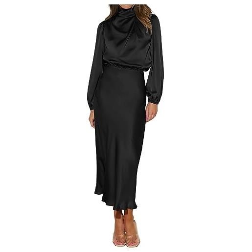 Odizli abito da donna elegante a maniche lunghe, con collo alto, in raso, per matrimonio, autunno, inverno, da sera, celeste. , xl