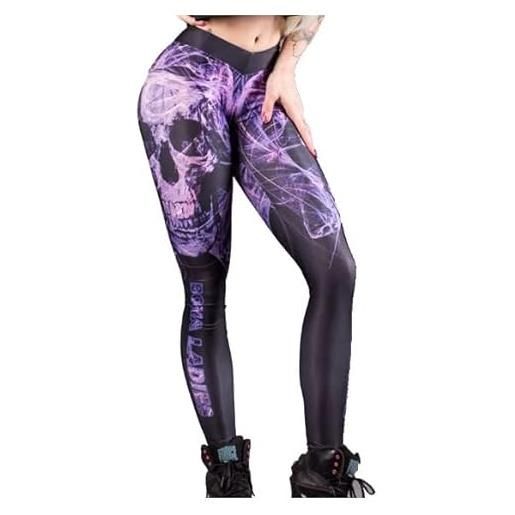 Moit leggings da donna stampati teschio viola fitness gotico vita alta pantaloni skinny sexy allenamento leggins pantaloni, viola, m