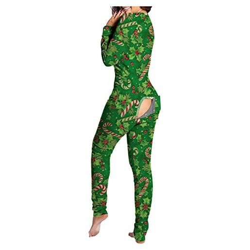 Jiyuantm women's christmas printed functional buttoned flap jumpsuit supersoft thick pajamas slim warm loungewear party family (green, m)