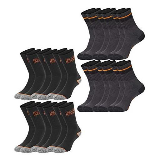 Black+Decker essential work crew calzini da lavoro, unisex, confezione da 12 pezzi, nero, grigio, melange 39-42, 43-46, 47-49, cotone black & black/grey 39-42