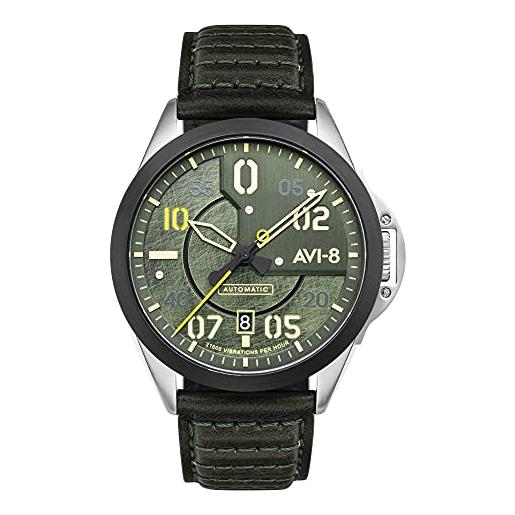 AVI-8 mens 43mm p-51 mustang hitchcock automatic greentree japanese quartz pilot watch with leather strap av-4086-03