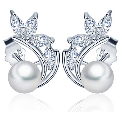Yumilok orecchini in argento sterling 925 con zirconi e perle a forma di quadrifoglio, ipoallergenici, per donne e ragazze