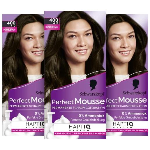 Perfect Mousse schwarzkopf Perfect Mousse - colorazione permanente in schiuma 400/4-0 marrone scuro (3 x 93 ml), colore per capelli con perfetta copertura dei grigi, colorazione per una cura intensa e lucentezza