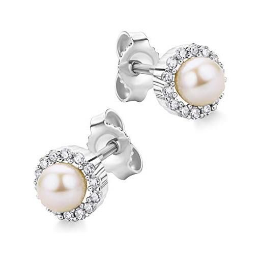 Orovi gioielli donna orecchini in oro bianco 0,13 ct diamante con perle coltivate d'acqua dolce 4,3 mm orecchini a perno in oro 14 carati (585) e diamanti, oro