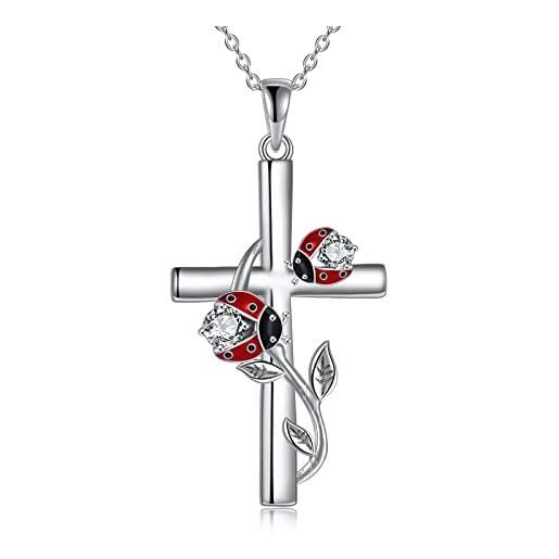 YFN collana da donna con coccinella, in argento sterling con croce per ragazze, figlia, madre, argento sterling