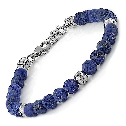 10:10 bracciale con pietre naturali lapislazzuli frost da 6 mm, beads in acciaio inox, bracciale molto resistente prodotto in italia