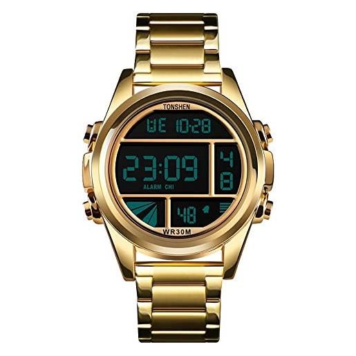 TONSHEN uomo fashion acciaio inossidabile digitale orologio led elettronico allarme cronometro controluce casual moda orologi da polso (oro)