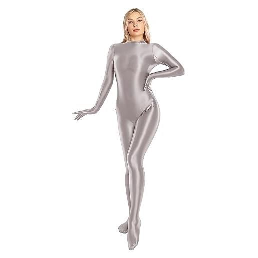 SOFSOT 130d lucido completo tuta donna costume intero costume da bagno lucido unitard posteriore cerniera, argento, medium