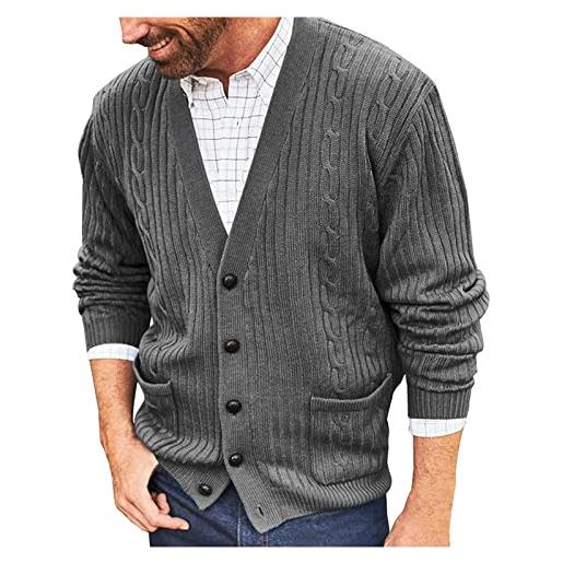 PODOLIXIA maglione da uomo senza cappuccio, con scollo a v, lavorato a maglia, cardigan, giacca da uomo, per autunno e inverno, tinta unita, con tasca, abbottonatura, da uomo, grigio. , m