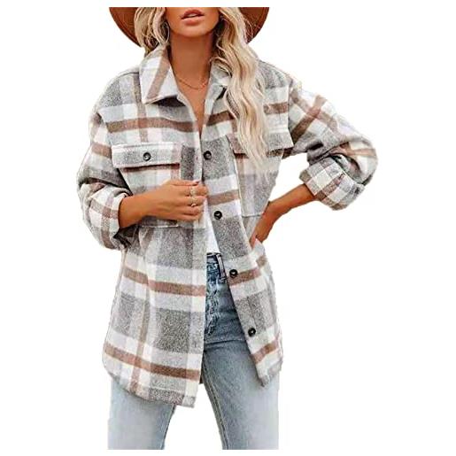famesale camicia da donna in flanella scozzese invernale camicia da lavoro a quadri termica casual cappotto oversize largo con tasca
