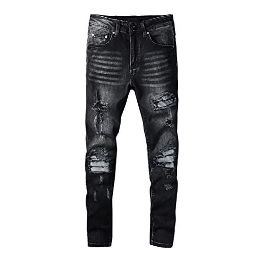 Alloaone jeans da motociclista da uomo streetwear pantaloni a matita in denim elasticizzato slim skinny patchwork pieghettati black 31