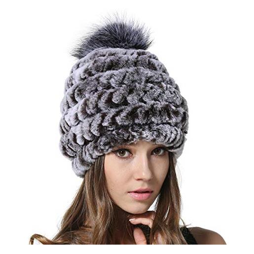 KAISHIN cappelli con pompon in pelliccia di volpe argento donna inverno berretti di pelliccia di coniglio reale berretti di pelliccia a strisce per ragazze (grigio)
