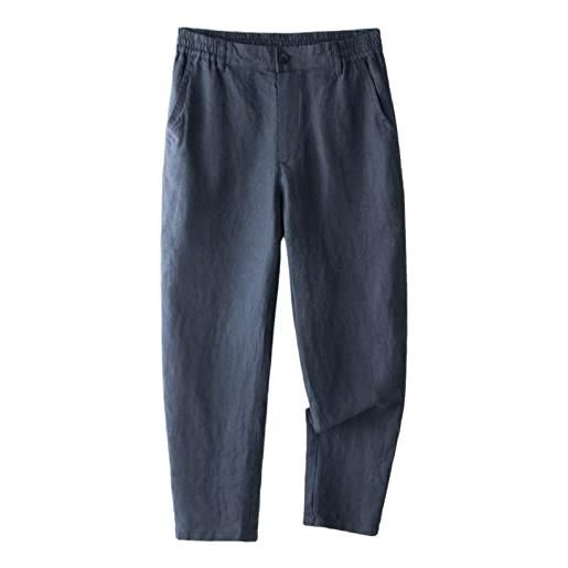 GIBZ pantaloni da uomo 100% lino elastico in vita pantaloni larghi casual con tasca, blu navy, xxl