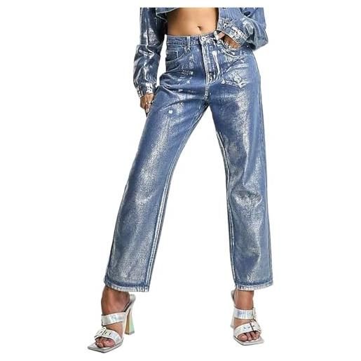SpeesY pantaloni denim y2k larghi dorati dorati vintage abbigliamento casual da strada for le donne jeans a vita alta argento (color: silver, size: l)