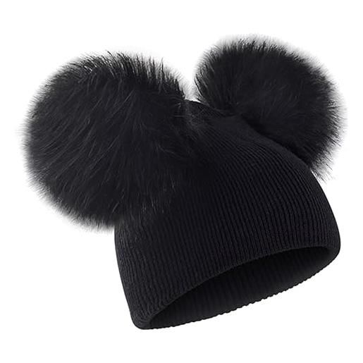 Cozylkx cappello con pompon doppio in pelliccia sintetica per bambini, berretto lavorato a maglia, per ragazze da 0 a 5 anni