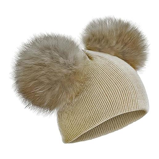 Cozylkx cappello con pompon doppio in pelliccia sintetica per bambini, berretto lavorato a maglia, per ragazze da 0 a 5 anni